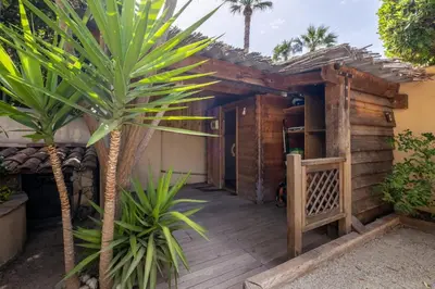 a wooden house with a palm tree in front of it at Superb villa with swimming pool & sauna in Cannes
