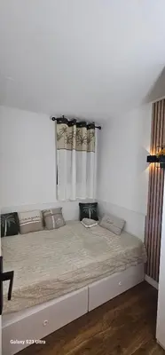 a bedroom with a large bed with curtains at Villa Francia, Cannes,minimum 5 nuits de sejour in Cannes