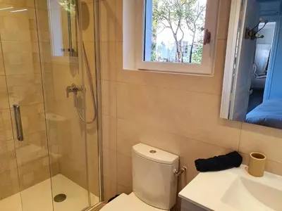 a bathroom with a shower and a toilet and a sink at CANNES - PETIT JUAS, CHARMANTE VILLA AU CALME, TOUT CONFORT in Cannes