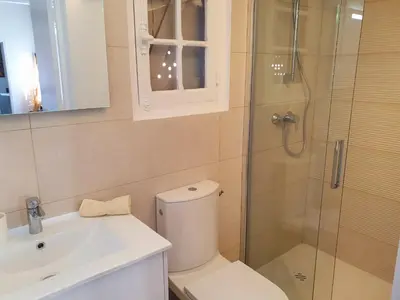 a bathroom with a toilet and a shower and a sink at CANNES - PETIT JUAS, CHARMANTE VILLA AU CALME, TOUT CONFORT in Cannes