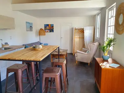 a kitchen with a wooden table and chairs at CANNES - PETIT JUAS, CHARMANTE VILLA AU CALME, TOUT CONFORT in Cannes