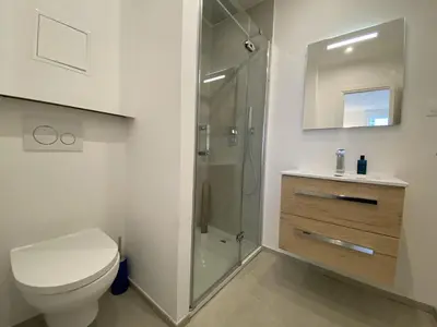 a bathroom with a toilet and a glass shower at Grand Palais ANT1308 in Cannes
