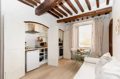 a small apartment with white walls and wooden ceilings at Panisse YourHostHelper in Cannes
