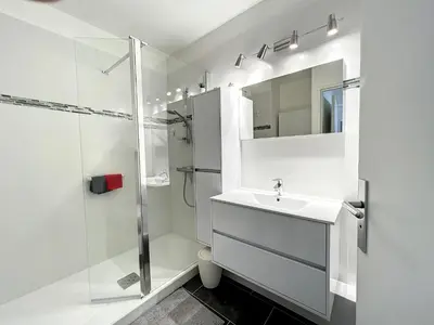 a white bathroom with a sink and a shower at VILLA MAUPASSANT BORD DE MER in Cannes