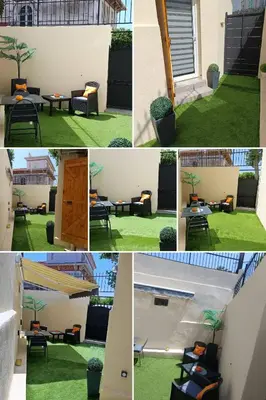 a collage of photos of a patio with tables and chairs at Coquet 2 pièces entièrement rénové et climatisé in Cannes