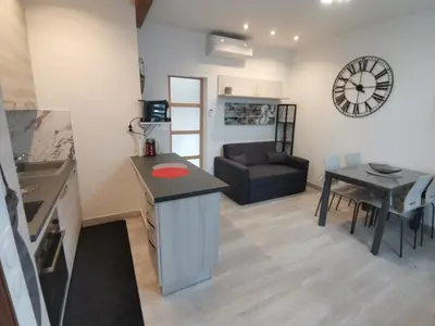 a kitchen and living room with a table and a couch at Coquet 2 pièces entièrement rénové et climatisé in Cannes