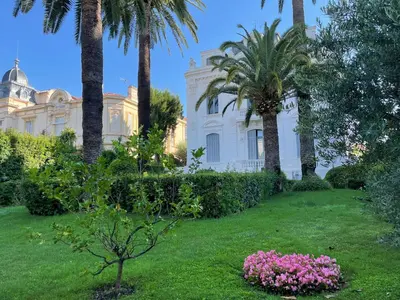 a white mansion with palm trees and pink flowers at superbe appartement centre Cannes in Cannes