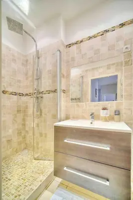 a bathroom with a shower and a sink and a mirror at CROISETTE 8/10 pers in Cannes