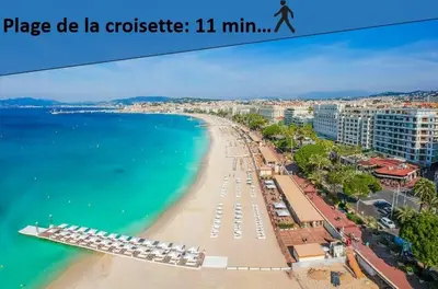 a view of a beach with umbrellas and the ocean at Cannes centre, super cosy apartment near everything in Cannes