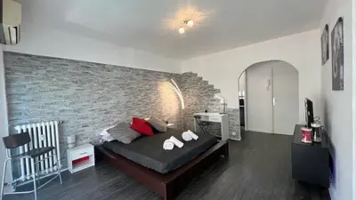a bedroom with a brick wall and a bed at Lovely studio in the heart of Cannes in Cannes