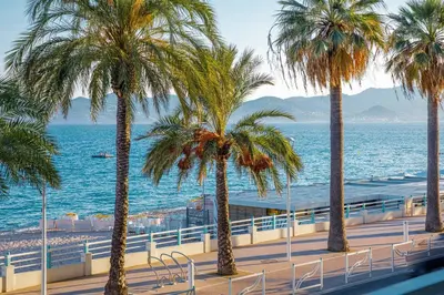 a row of palm trees on a sidewalk near the ocean at Bel Appartement Face à La Mer Près Du Centre - Le Voilier by Halldis in Cannes