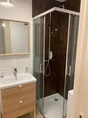 a bathroom with a shower and a sink at Villa Les Fougeres 2p jardin parking in Cannes