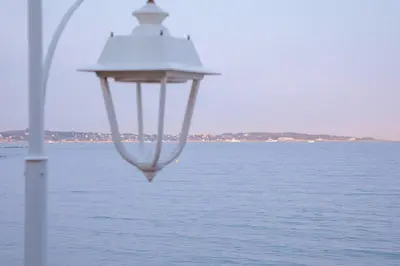 a street light next to a body of water at 