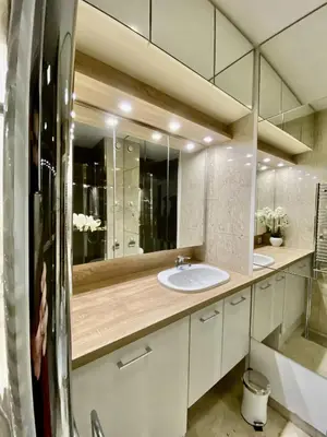 a bathroom with a sink and a mirror at CosyGray512 in Cannes