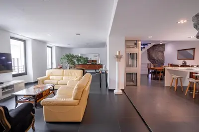 a living room with couches and a dining room at L'EMPEREUR somptueux duplex au style raffiné, Petit Juas, proche du centre in Cannes
