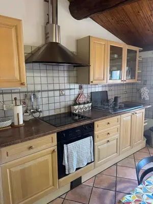 a kitchen with wooden cabinets and a stove top oven at Le Suquet Appart in Cannes