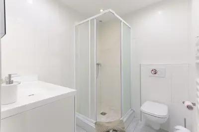 a white bathroom with a shower and a toilet at 21 Rue Meynadier - Meynadier 3p in Cannes