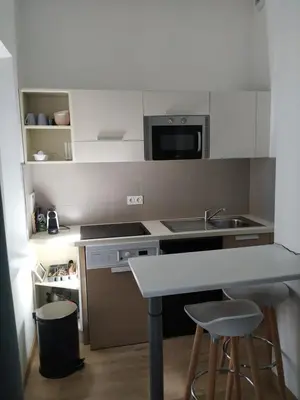 a small kitchen with a counter and a microwave at STUDIO CANNES A 5 MN A PIED DE LA GARE TOUT CONFORT AVEC BALCON in Cannes