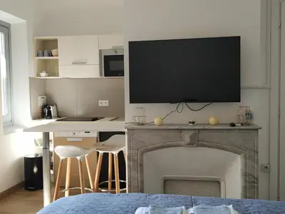 a living room with a fireplace with a flat screen tv at STUDIO CANNES A 5 MN A PIED DE LA GARE TOUT CONFORT AVEC BALCON in Cannes