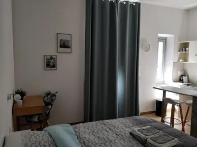 a bedroom with a bed and a shower curtain at STUDIO CANNES A 5 MN A PIED DE LA GARE TOUT CONFORT AVEC BALCON in Cannes
