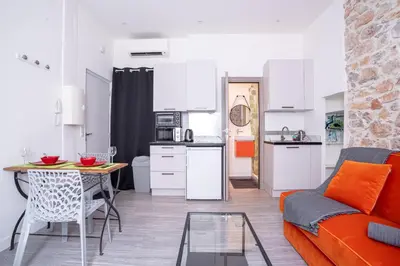 a living room with a couch and a table at Cannes Experience Pastour Privatize 6 aparts 10bedrooms&9baths 11doublebeds with his duplexpenthouse ROOFTOP close palais congres beaches et Suquet in Cannes