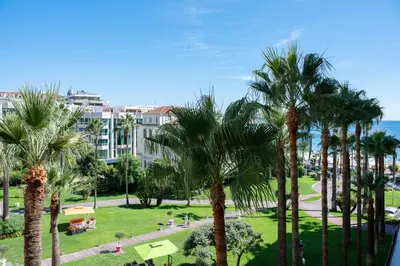 a view of a park with palm trees and the ocean at Luxurious apartment with terrace 6P - 3BR - Grand in Cannes