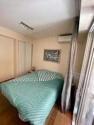a bedroom with a bed with a green comforter at Jolie 3 pièces avec terrasse au vieux port, à 2 pas des plages et du palais. in Cannes
