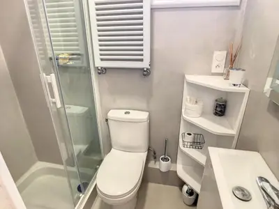 a bathroom with a toilet and a shower and a sink at 2 bedroom, 2 bathrooms Suquet with sea view 314 in Cannes