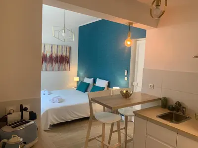 a small room with a bed and a table and chairs at Villa les Fougeres Studio jardin in Cannes