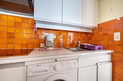 a kitchen with a sink and a washing machine at Appartement cosy à Cannes - 40 m² avec balcon et vue mer in Cannes