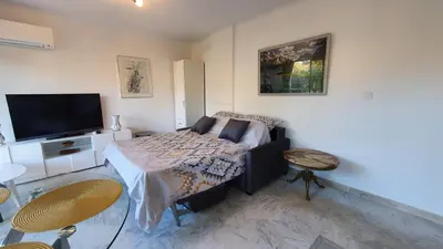 a small room with a bed and a television at Centre Cannes gd 2p terrasse parking 10mn palais plage in Cannes
