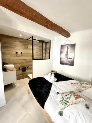 a bedroom with a large bed and a bathroom at Les Halles Forville - Palais, plages, wifi, clim in Cannes