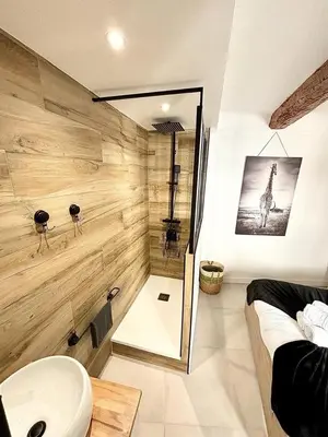 a bathroom with a shower with a giraffe on the wall at Les Halles Forville - Palais, plages, wifi, clim in Cannes
