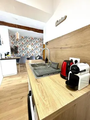 a kitchen with a counter top with a toaster and a sink at Les Halles Forville - Palais, plages, wifi, clim in Cannes