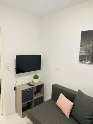 a living room with a couch and a flat screen tv at 3 pièces terrasse, jardin in Cannes
