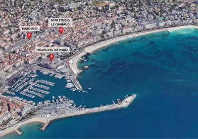 a map of a city with three red points at Mini Studio - Le Chabaud - Cannes centre in Cannes