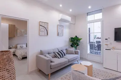 a living room with a couch and a tv at Luxury Apt With Large Terrace On Famous Rue D'antibes! - Pasteur Apt by Halldis in Cannes