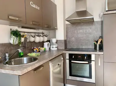 a kitchen with a sink and a stove at Joli appartement à 5 minutes du palais et plages in Cannes