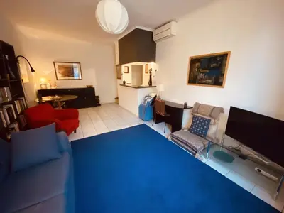 a living room with a blue rug and a living room at 2 bedroom apartment in the heart of Cannes air conditioning easy walk to the Palais des Festivals - 2015 in Cannes