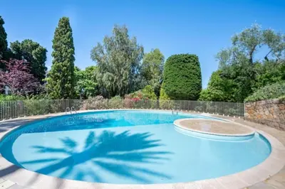 a swimming pool with a palm tree in a garden at Exceptional Cannes Center sea view and swimming pool LIVE IN PARC BRUYERE in Cannes