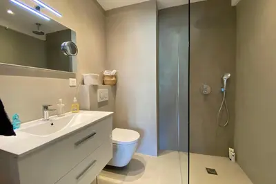 a bathroom with a toilet and a sink and a shower at Exceptional Cannes Center sea view and swimming pool LIVE IN PARC BRUYERE in Cannes