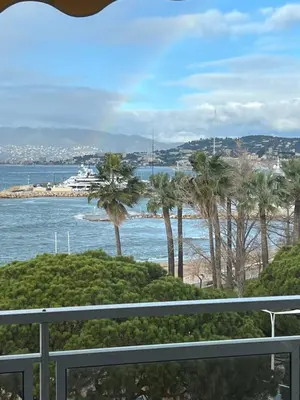 a view of the ocean and palm trees from a balcony at Palm croisette front de mer1 in Cannes