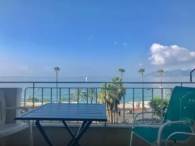 a table and chairs on a balcony with a view of the beach at One bedroom apartment in Cannes with a balcony and great sea views - 821 in Cannes