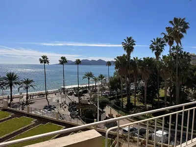 a view of a beach with palm trees and the ocean at One bedroom apartment in Cannes with a balcony and great sea views - 821 in Cannes