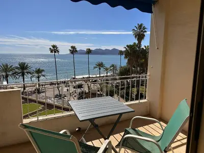 a table and chairs on a balcony with a view of the beach at One bedroom apartment in Cannes with a balcony and great sea views - 821 in Cannes