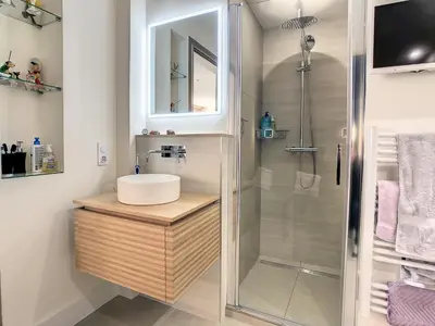 a bathroom with a sink and a shower at Penthhouse 1 & 2 bedroom apartment 2 mins from the Croisette 335 in Cannes