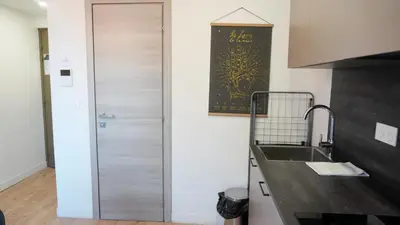 a kitchen with a sink and a sliding door at Proche Carlton & Croisette, Appartement 301 - Palmazur Vacances in Cannes