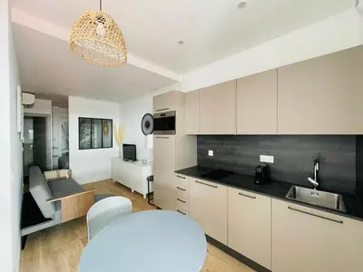 a kitchen and living room with a table and a couch at F1 neuf TURCKHEIM TUR102 in Cannes