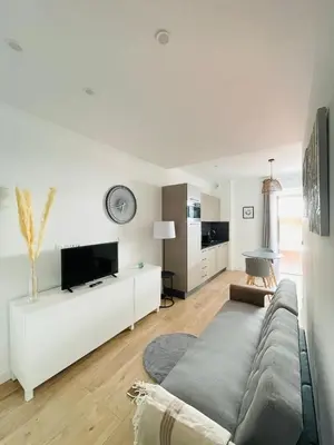 a living room with a couch and a tv at F1 neuf TURCKHEIM TUR102 in Cannes