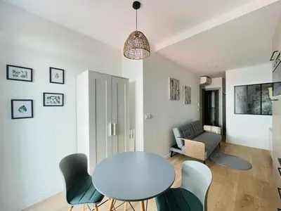 a living room with a table and chairs and a couch at F1 neuf TURCKHEIM TUR102 in Cannes